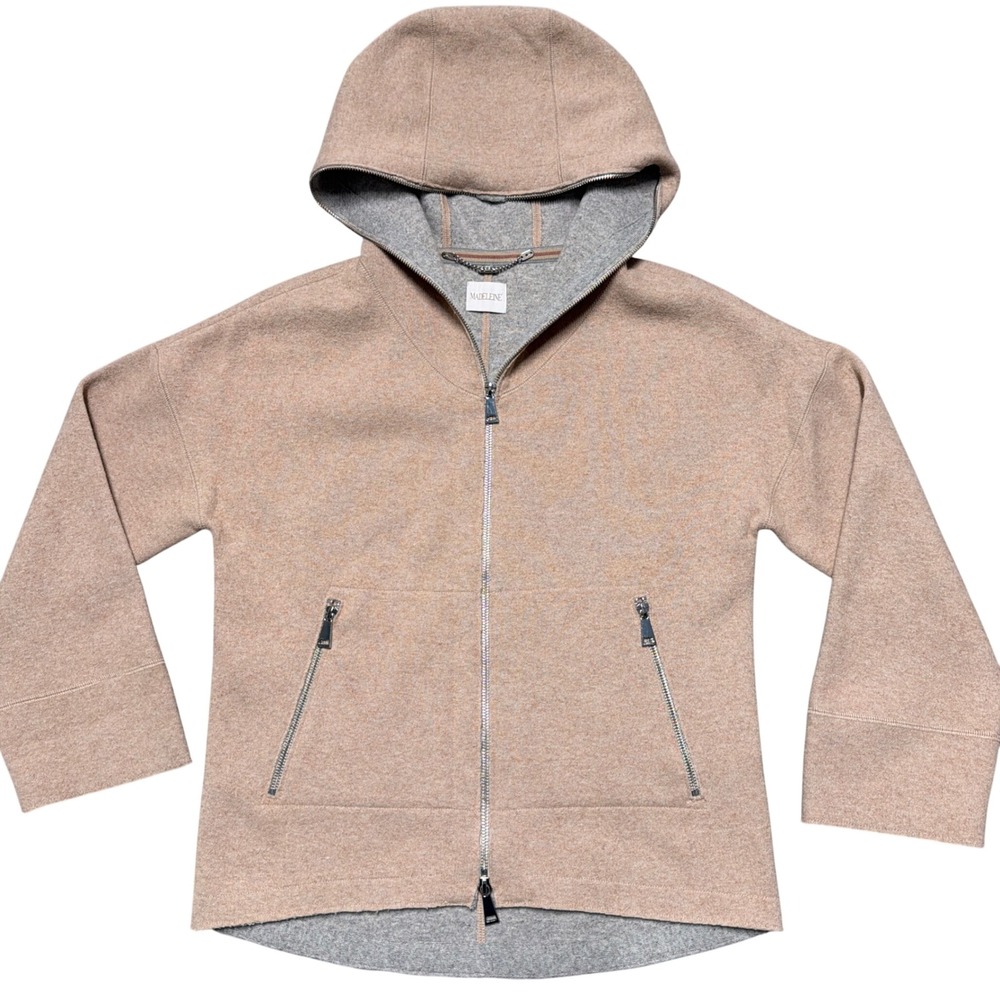 Madeleine Full Zip Jacket Womens Medium Beige Hooded Coat Wool Blend